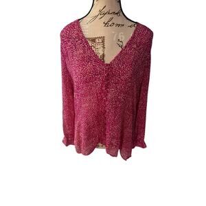 JOIE Pink V-Neck Sheer Blouse, Pink and White, Women's Medium